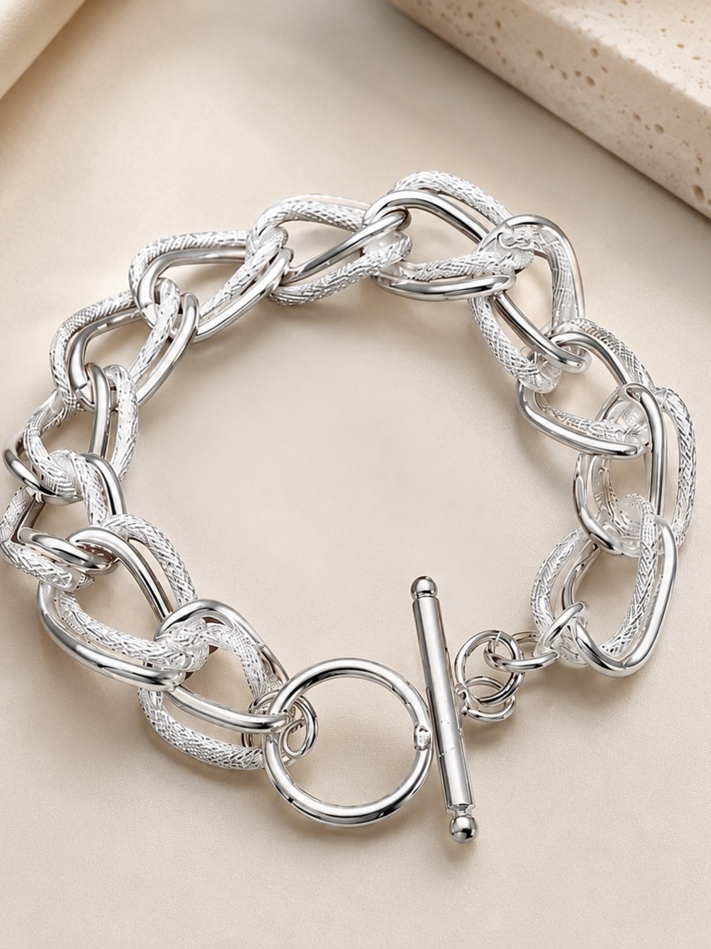 Veloura Textured Silver Link Toggle Bracelet